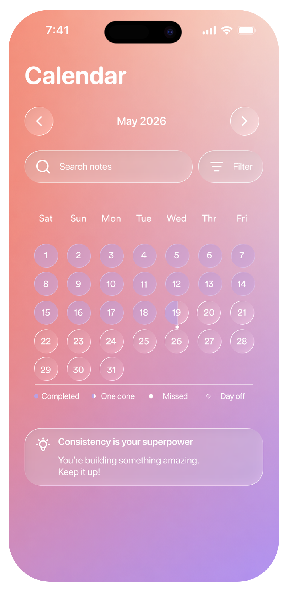 A monthly calendar of completed routines