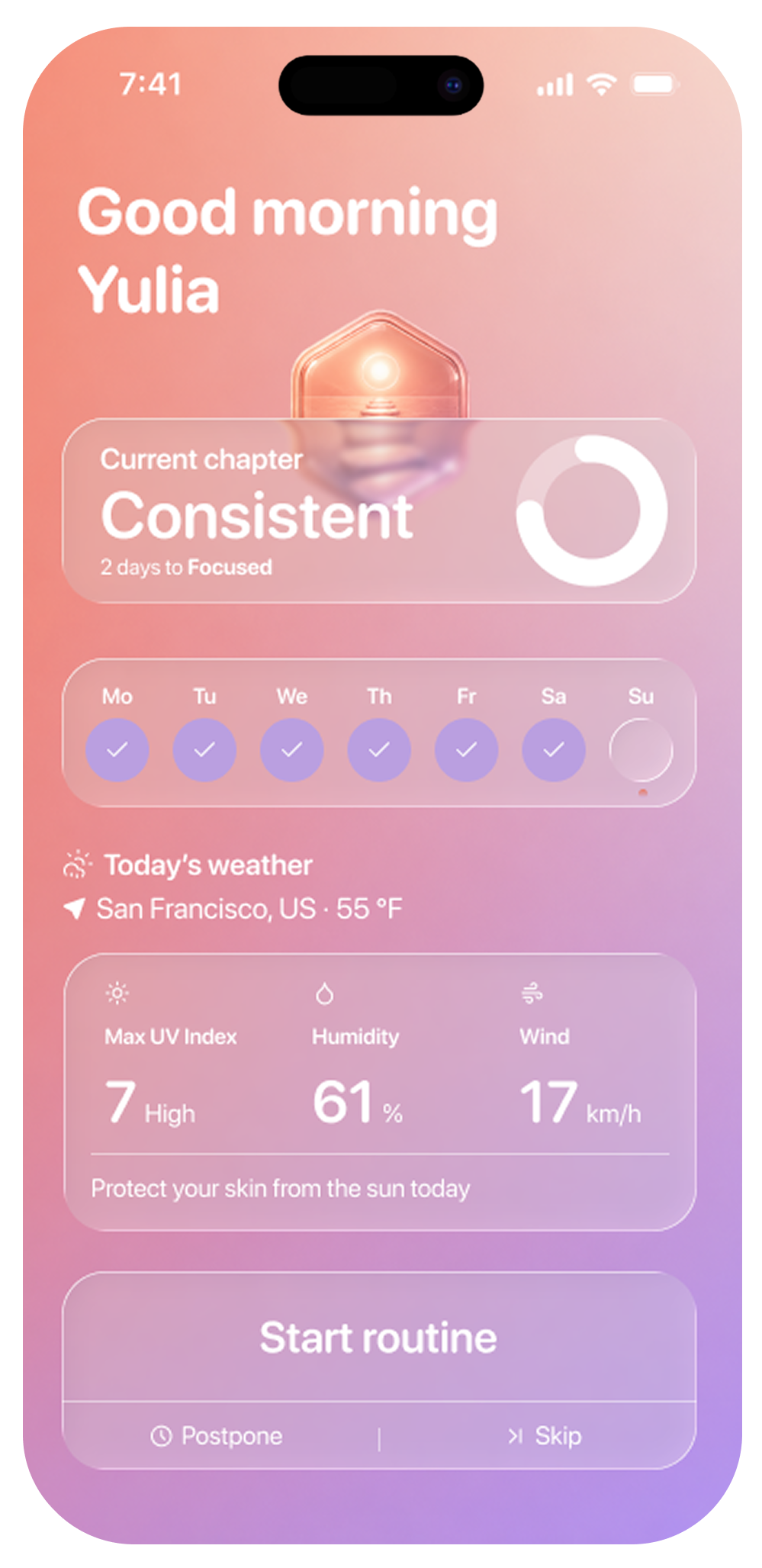 YUL home screen showing the daily routine, current chapter, weather, and Start routine button
